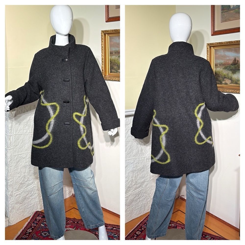 Aino Finland Dark Grey & Lime Green Wool Car Length Coat - Picture 3 of 15